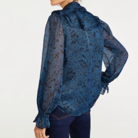 Ann Taylor | Women's Petite Floral Ruffle Collar Tie Bow Blouse | Size XLP - Picture 3 of 9